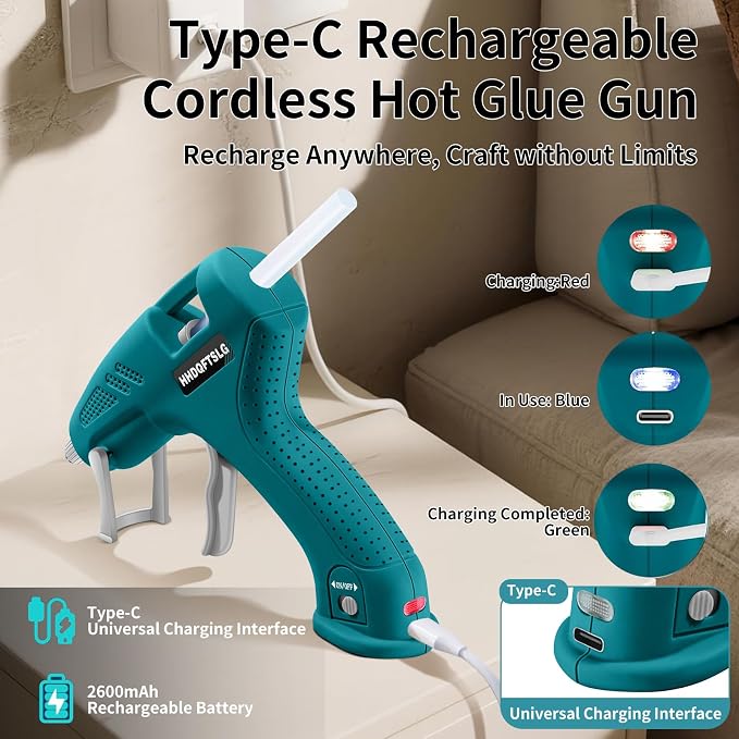 Cordless Hot Glue Gun Kit with 30 Sticks, Fast Heating 2.6Ah Rechargeable | 20W Anti-Drip Glue Gun and Sticks Set (0.27"×6") USB-C Rechargeable Mini Glue Gun Ideal for School Crafts DIY Making Repairs