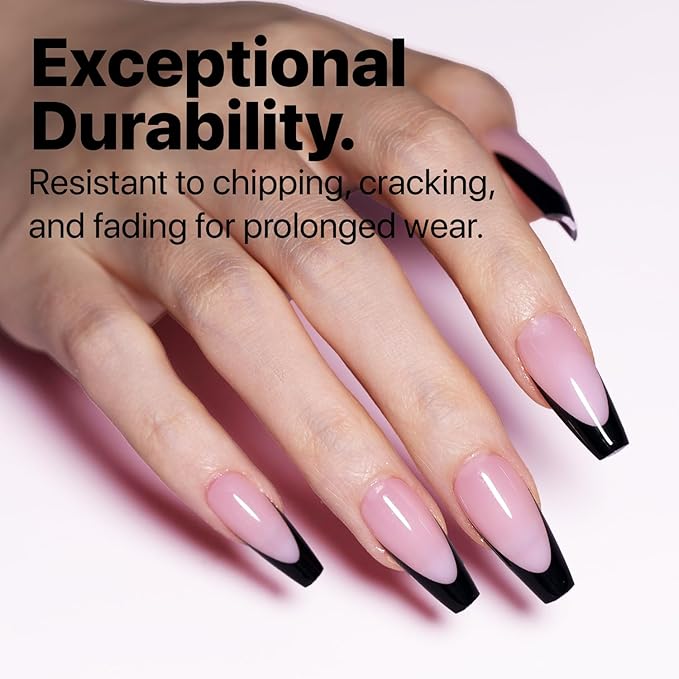 SXC Cosmetics French Tip Press On Nails 150 Pieces in 15 Sizes Ultra Fit with Pre-applied Tip Primer and Base Coat, No Need to File Fake Nails for Nail Art DIY X-Pro Tips (BLACK120-M Coffin)