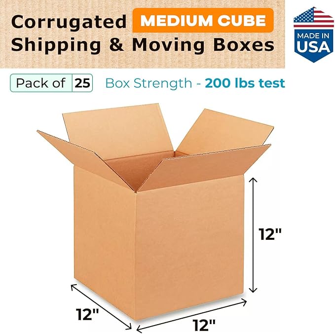 Medium Shipping & Moving Boxes 12"L x 12"W x 12"H (25-Pack) - Extra Strength 200 lb vs Regular - USA-Made Corrugated Cardboard Boxes for USPS/UPS/FEDEX - Box for Shipping by IDL Packaging