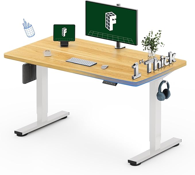 FLEXISPOT One-Piece Electric Standing Desk, 48 x 24 Inches Adjustable Desk with Seamless Desktop, Memory Controller Height Adjustment (White Frame + Maple Desktop, 2 Packages)