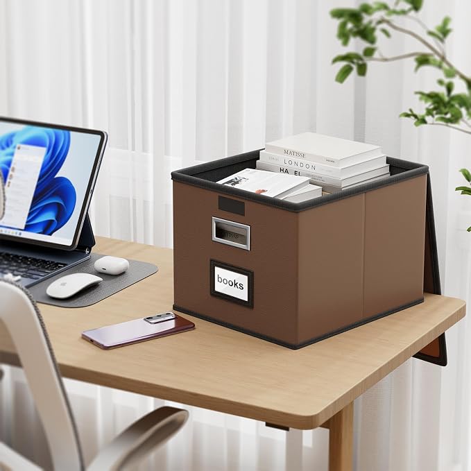 File Organizer Box with Lids, Collapsible File Folder Organizer | File Box with Plastic Slides for Document, Filing Bin for Letter Size Hanging File Folders (4 Pack, Dark Brown, Leather)