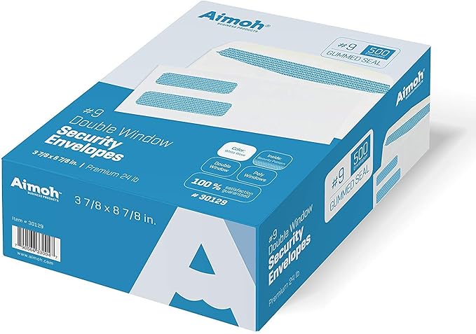 Aimoh #9 Double Window Security Business Mailing Envelopes for Invoices, Statements and Legal Documents - GUMMED Closure, Security Tinted - Size 3-7/8 x 8-7/8 - White - 24 LB - (30129-CS)