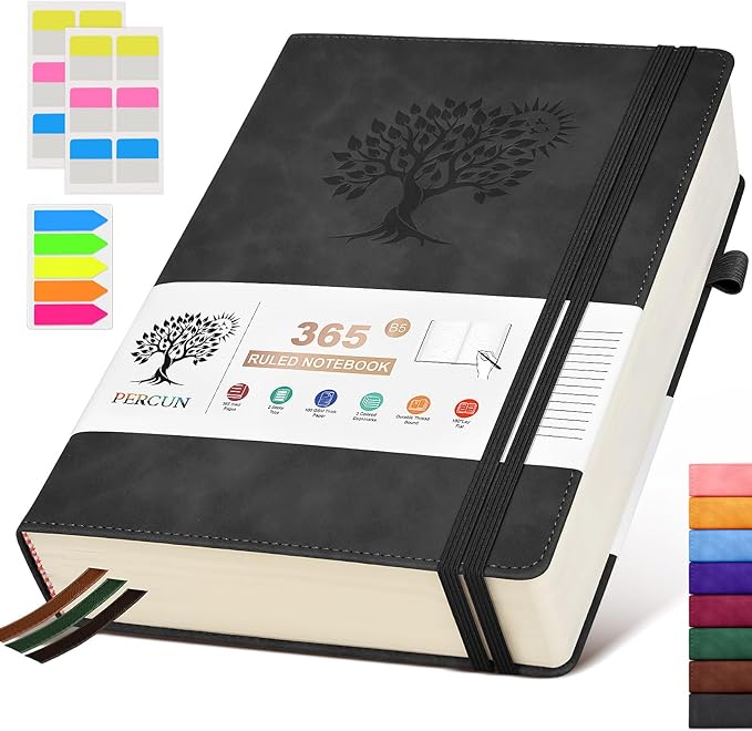 B5 Lined Journal Notebook - 365 Page Large Leather Journals for Writing Women Men，Hardcover Notebook with 100Gsm Thick Pages，Daily Diary for Travel, Work，School，College Ruled (7.6" x 10.3")