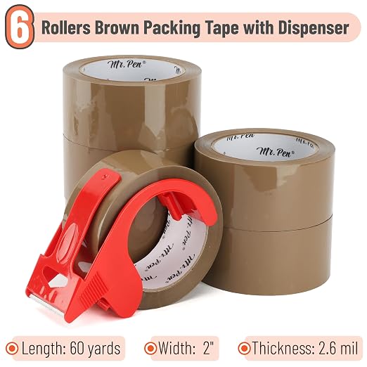 Mr. Pen- Brown Packing Tape with Dispenser, 2 Inch x 60 Yards x 2.6 mil | 6 Refill Rolls, Brown Heavy Duty Packaging Tape for Shipping, Packaging, Moving and Storage
