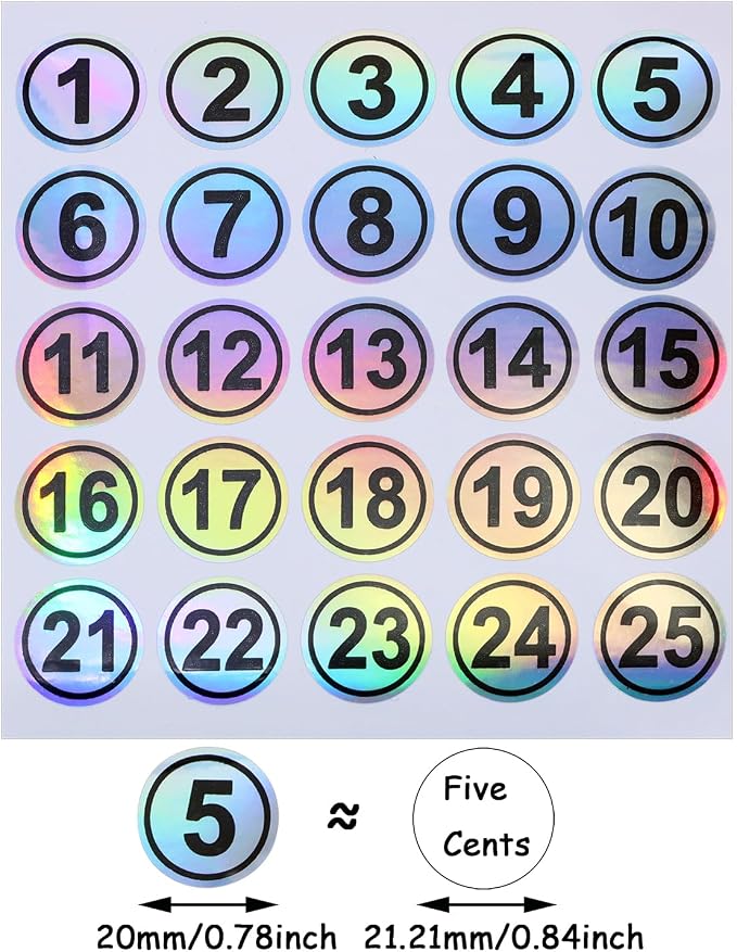 Mini Skater Laser Consecutive Number Stickers 1 to 25 Waterproof Round Labels Inventory Stickers 0.78 Inch Self Adhesive Number Decals for Classroom Office Indoor Storage Boxes (Black)