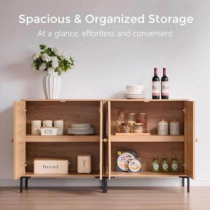 IFGET 61.75" W Modern Arched Sideboard Buffet Cabinet with Storage, Natural | Fluted Arch Sideboard Cabinet w/Adjustable Shelves, Wooden Modular Kitchen Cabinet for Dining& Living Room, Entryway