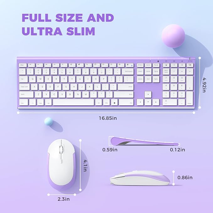 Vssoplor Wireless Keyboard and Mouse, Rechargeable Ultra Slim, Lavender | Quiet Full-Size Keyboard and Mouse Combo Set, for Laptop, PC, Notebook, Desktop, 2.4GHz Stable Connection, Ideal for Office