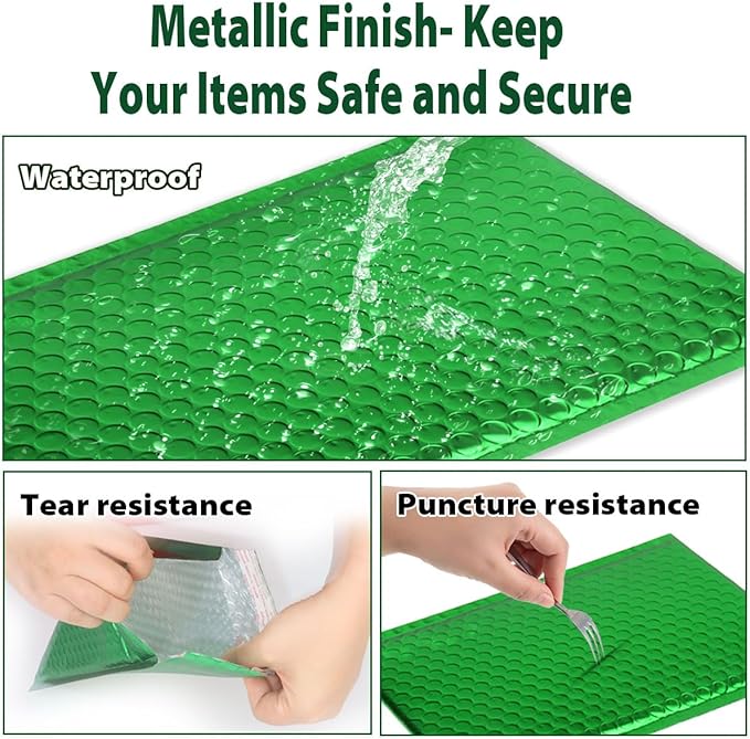 Metallic Matte Green Bubble Mailers - Durable 4x8 Inch Padded Envelopes - Tear-Resistant Shipping Bags, Pack of 25