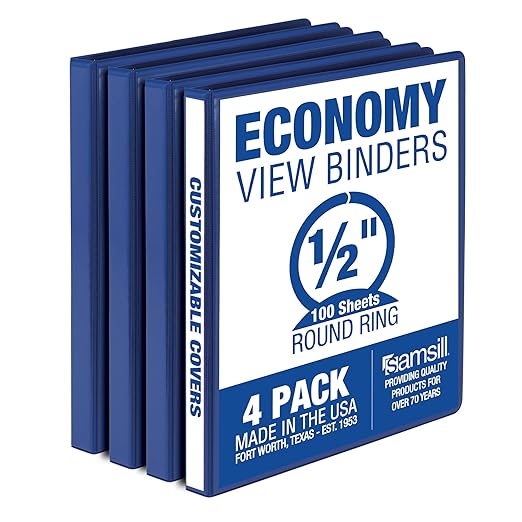 Samsill 0.5 Inch 3 Ring Binder, Economy Round Ring, Clear View Cover, 100 Sheet Capacity - for School, Home, Office - Blue, 4 Pack