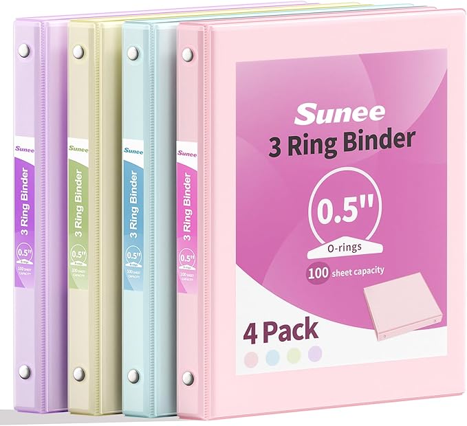SUNEE 1/2 Inch Binders 3 Ring 4 Pack, Half Inch Thin Binder Clear View Three Ring PVC-Free (Fit 8.5x11 Inches) for School or Office Supplies, Assorted Pastel
