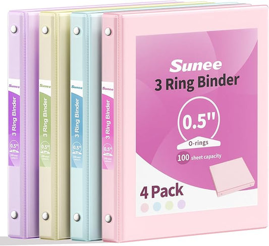 SUNEE 1/2 Inch Binders 3 Ring 4 Pack, Half Inch Thin Binder Clear View Three Ring PVC-Free (Fit 8.5x11 Inches) for School or Office Supplies, Assorted Pastel