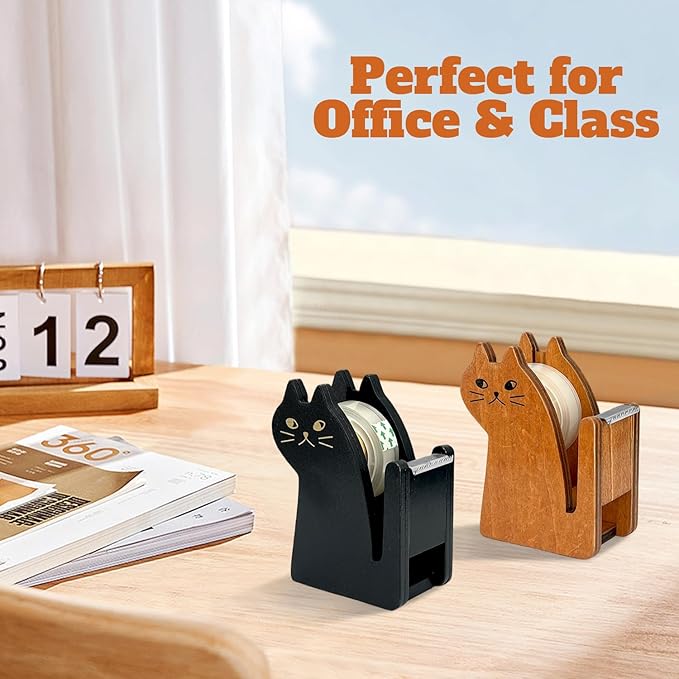 Wooden Tape Dispenser Desk - Cute Adorable Animal Design for Desk Organizing, 2-Pack Set Office & School Supplies (Black and Brown) (Cat)