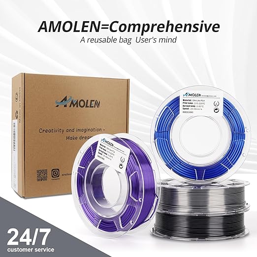 AMOLEN Silk 3D Printer Filament Bundle, PLA Filament 1.75mm Pack, Shiny 3D Printing Filament for Most FDM 3D Printer, Black, Purple, Silver Grey, Sapphire Blue, 200g X 4