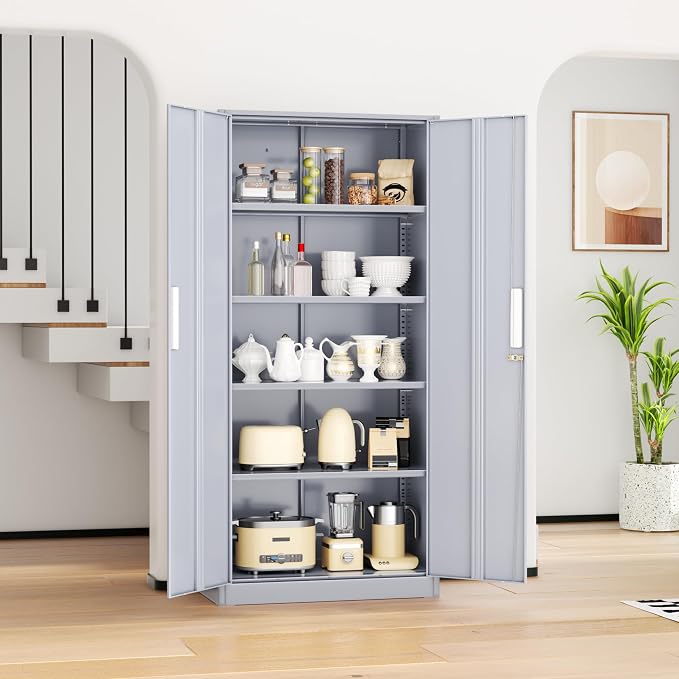 Metal Storage Cabinet, 72” H Storage Cabinet with Doors and Adjustable Shelves for Office, Home, Garage, Pantry (Assembly Required, Cement Grey)