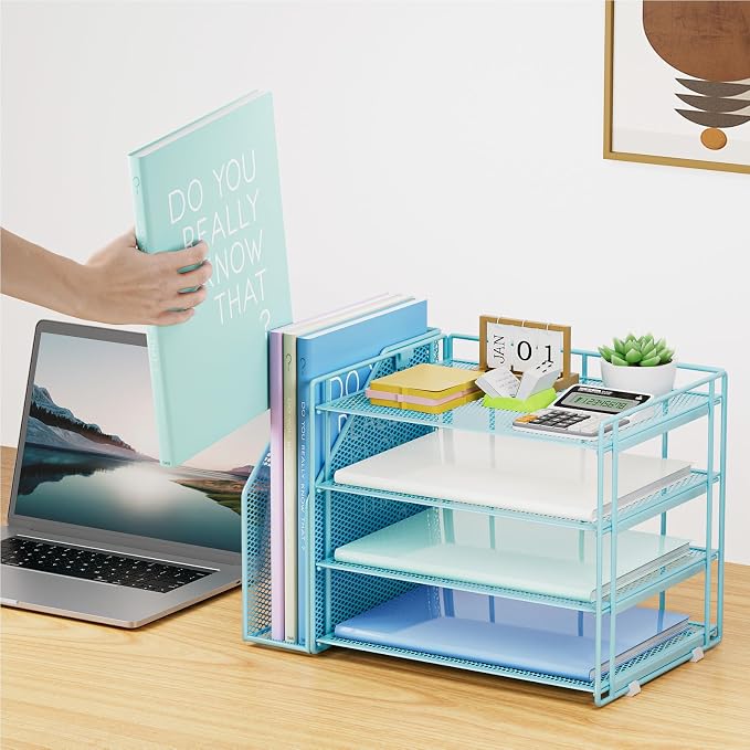 Marbrasse 4-Tier Paper Tray Organizer with File Holder, Blue | Sturdy Paper Tray, Built-in File Holder, fits Letters/Docs, Saves Desk Space, for School/Office/Home