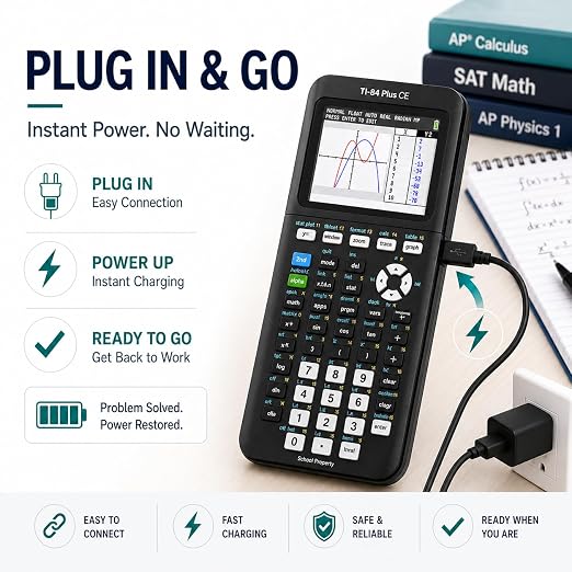 TI-84 Plus CE Charger Cable, USB-C to Mini USB Charge & Sync | Reliable USB-A to Mini USB Charge & Sync cable for TI-84 Plus CE calculators.