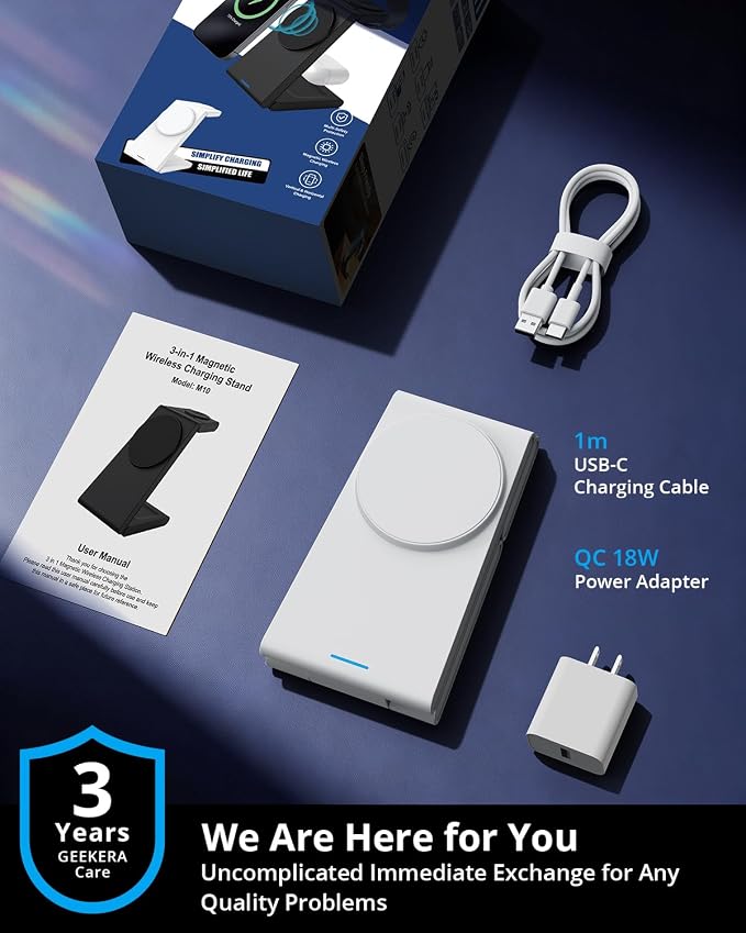 JoyGeek Foldable 3-in-1 Wireless Charging Station for iPhone Air/17/16/15/14/13/12, Charging Stand for Apple Watch 11-2 and AirPods, Travel Wireless Charger