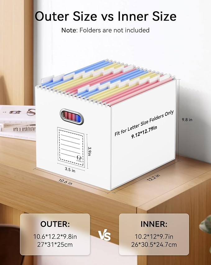 Portable Collapsible Cardboard File Box with Handle for Letter-Size | 2-Pack. Stainless Steel Handle. Label Stickers Included. Fits Letter Folders (Not Included). Home, Office, School, Dorm, Tax.