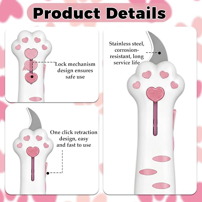 Cat Paw Retractable Box Cutter — Cute Kawaii Utility Knife | Portable Cat Claw Knife with Handle,Multifunctional Mini Utility Knife for Boxes Envelopes,Packages,Lock+One-Click Retract