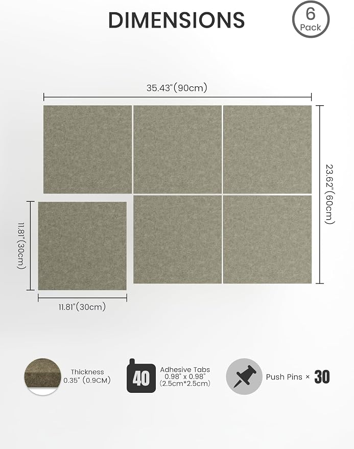 Bumusty 36" x 24" Large Cork Board Alternative, Earth Brown | 6-Pack Felt Bulletin Board Tiles, 60 Adhesive Tabs, 30 Pushpins, Home, Office, Classroom, Vision Board