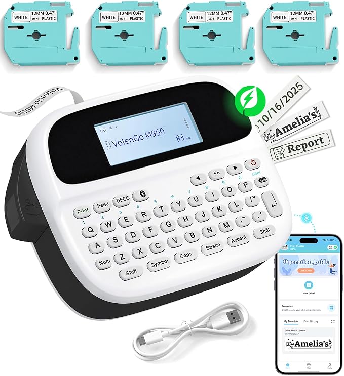 Label Maker Machine with Tapes, Rechargeable Backlight Label Maker 12mm | Freezer Waterproof-Labels, Bluetooth Labeler Machine with 4 Tapes, VolenGo M950 Label Printer for Home/Office/School Supplies