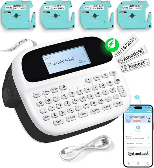 Label Maker Machine with Tapes, Rechargeable Backlight Label Maker 12mm | Freezer Waterproof-Labels, Bluetooth Labeler Machine with 4 Tapes, VolenGo M950 Label Printer for Home/Office/School Supplies