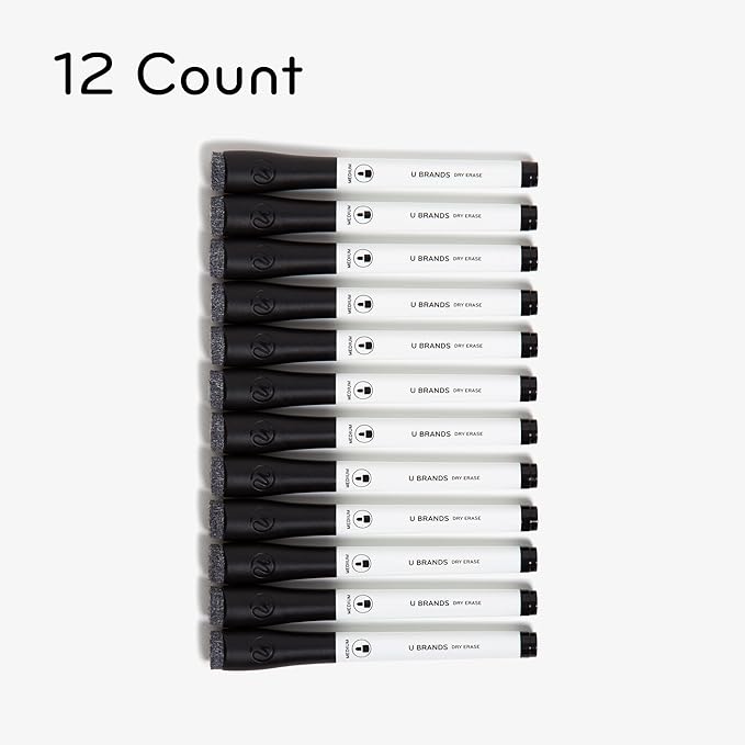 U Brands Fine Tip Dry Erase Markers with Eraser, Whiteboard Markers, Low Odor, Black, Set of 12