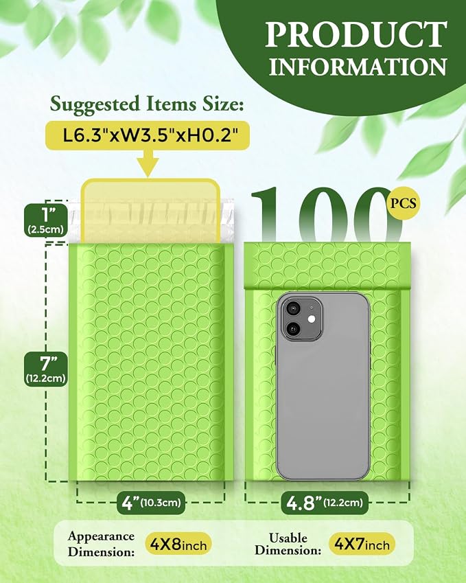 GSSUSA Green Bubble Mailers 4x8 100 Pack, Self Seal Padded Envelopes | Usable Size 4x7, Waterproof, Opaque, #000, Bulk Mailing Bags For Cards, Jewelry, Gifts, Accessories, Online Sellers