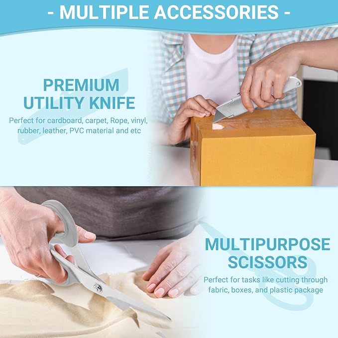 THINKLEARN Heat Tape Dispenser - Sublimation Heat Transfer Tape Dispenser with Scissors and Utility Knife, 1 '' & 3'' Core, Multi-Roll Pre-Cut Tape Dispenser for Crafting, PreCut 1.4'' Pieces, Blue