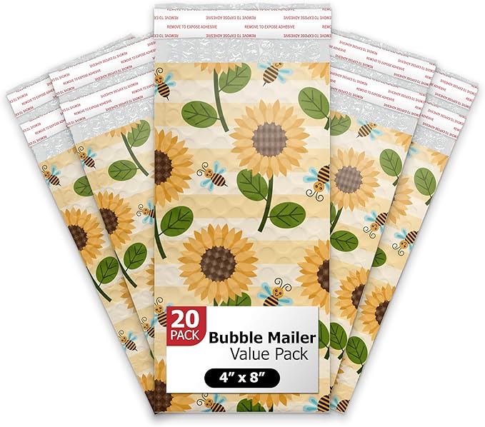 4x8 (20pcs) Sunflowers and Bees Designer Self Seal Poly Bubble Mailers Shipping Envelopes Padded Bags