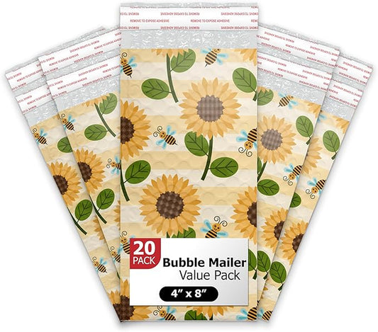 4x8 (20pcs) Sunflowers and Bees Designer Self Seal Poly Bubble Mailers Shipping Envelopes Padded Bags