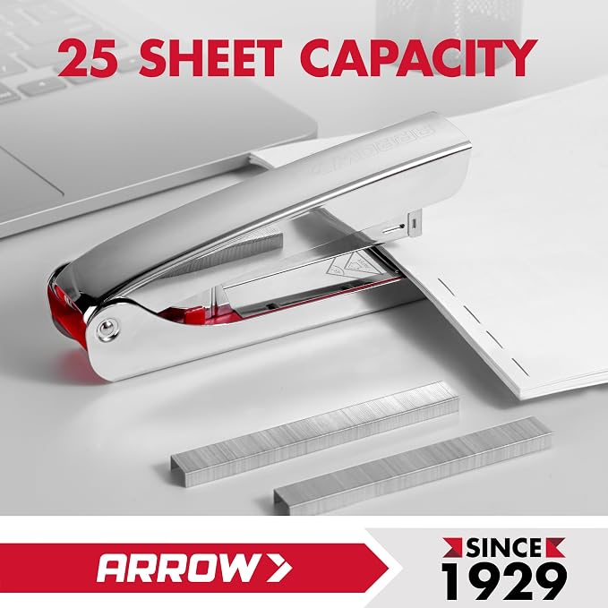 Arrow Metal Stapler, Full-Strip Stapler for Desk with 2520 Staples | 25 Sheet Capacity, Rear Staple Storage, Dual-Mode Anvil, Non-Slip Base, For Office, Classroom, and School