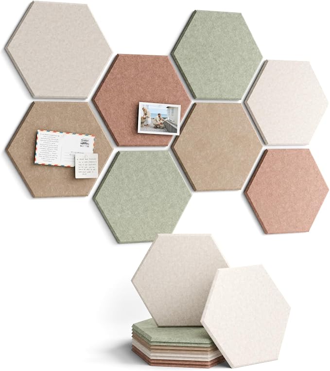 Fluxynara 8-Pack Hexagon Felt Bulletin Board Tiles, Boho-1 | Cork Board Alternative with 50 Adhesive Tabs for Notes, Photos and Reminders in Home Offices, Dorm and Classrooms