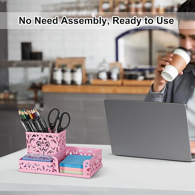 EasyPAG Desk Organizer 3 Compartment Pen Holder for Desk Office Supplies Caddy with Sticky Notes Holder for School Home, Pink