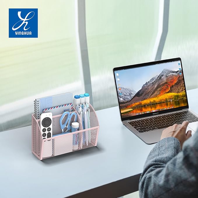 YINGHUA 3 Compartment Magnetic Metal Mesh Pen Holder, Pink Desk Caddy | Perfect magnetic organizer for locker, whiteboard, refrigerator, or office. Easily holds pens and accessories