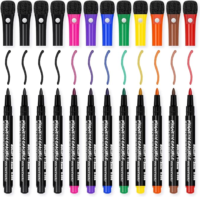 JR.WHITE Magnetic Dry Erase Markers Fine Tip, 9 Colors (12 Pack) Whiteboard Markers with Eraser Cap, Low Odor Erasable Markers Dry Erase Pens for Calendar Whiteboard, Refrigerator, Classroom, Office