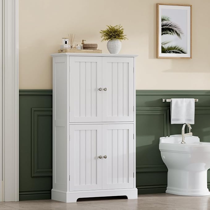 ChooChoo Bathroom Floor Cabinet with Adjustable Shelves | Bathroom Storage Cabinet, 4 Doors, Freestanding Cupboard for Living Room, Kitchen Pantry, White