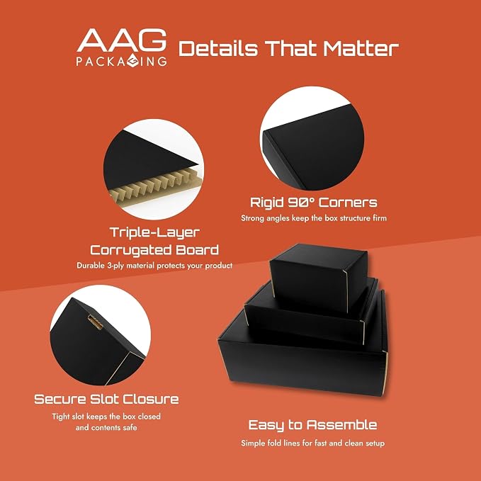 Corrugated Shipping Box Mailers, Kraft Brown, Triple-Layer Board Secure Slot Closure (Black, 12"x9"x4" / Set of 10)