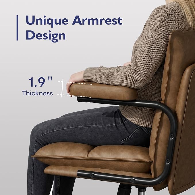 Mid Century Modern Desk Chair, Vintage Leather Office Chair, Brown | Petite Computer Chair for Small to Medium Women, Thickened Back, Cozy Seat, Adjustable Height for Home