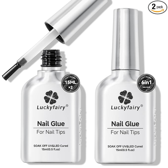Luckyfairy Nail Glue Gel for Nail Tips 15ml*2Pcs | 6 in 1 Nail Glue, For Clear Acrylic False Nails Tips, Long Lasting, Clear Formula, Salon Quality Home DIY Nail Art