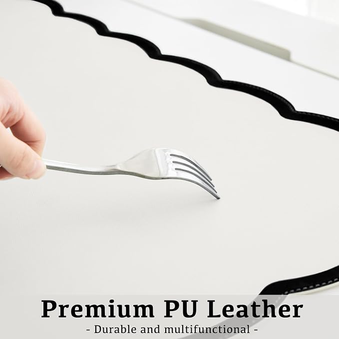 Scalloped Desk Mat, 23.6" x 11.8" Cute Small Aesthetic Desk Accessories, PU Leather Computer Laptop Desk Mouse Keyboard Pad, Desk Writing Mat for Vanity/Work/Home Decor Black