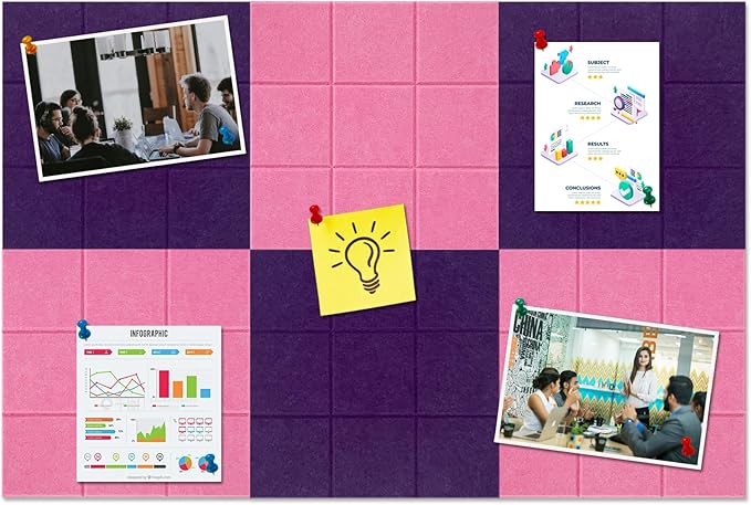 Large Square Felt Cork Board Tiles, Self Adhesive DIY Felt Bulletin Board with 35 Pushpins for Office School Home Wall Decor Stickers Memos (Purple & Pink)