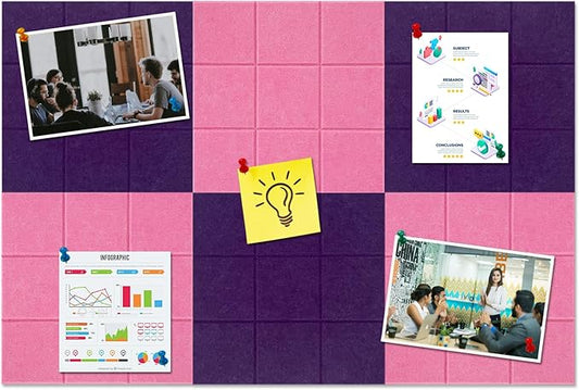Large Square Felt Cork Board Tiles, Self Adhesive DIY Felt Bulletin Board with 35 Pushpins for Office School Home Wall Decor Stickers Memos (Purple & Pink)