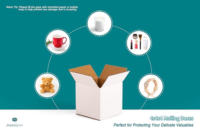 4x4x4 inch Shipping Boxes, 4x4 White Small Box, 25 Pack | 4" Mini Boxes for Crafts, Candles, Gifts, Mailing, Packaging, Storing, Corrugated Cardboard, with Fragile Stickers