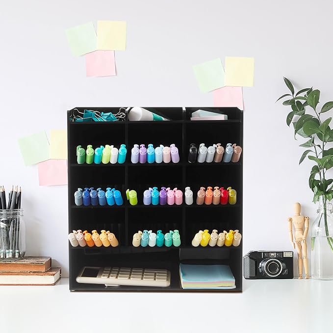 MotiMind Acrylic Pen Organizer Storage for 150 Markers Vertical Marker Organizer Acrylic Pen Display Holder for Office Desk Desktop Stationery Pencil Storage, Black, 10.2 x 4 x 9.8 Inch