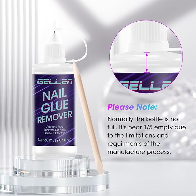 Gellen Press On Nail Remover: Pinpoint Glue Remover 2.03 Fl.oz, Non Acetone Gentle Press on Removal for Quick Dry Strong & Solid Glue, Gel X Off for Fake Nail Tip