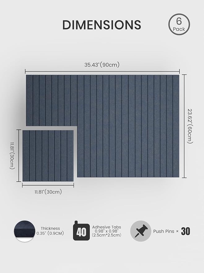 Bumusty 36"x 24" Large Felt Bulletin Board Tiles,Deep Charcoal Blue | 6-Pack Cork Board Alternative, Wall Decor, 30 Pushpins, 30 Adhesive Tabs, Vision Board, Office, Classroom, Home, Dorm