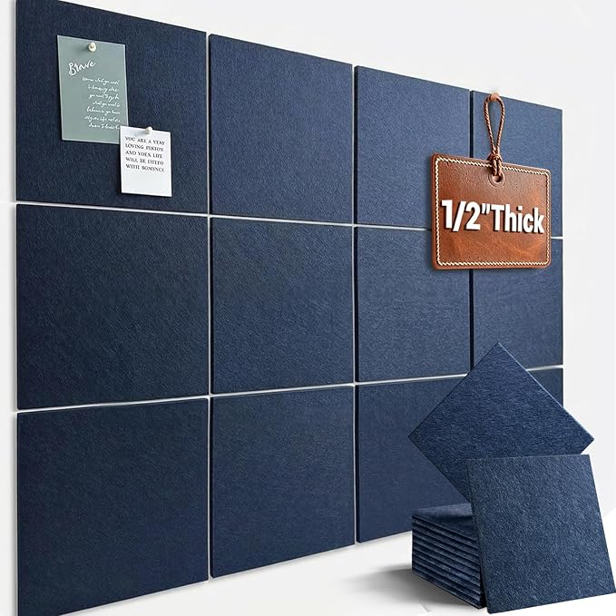 48" x 36" Large Felt Bulletin Board 1/2" Thick, Dark Blue | 12 Pack Felt Tiles, Cork Board Alternative, 60 Adhesive Tabs, Pin Board for Home Office Decor with Easy Install