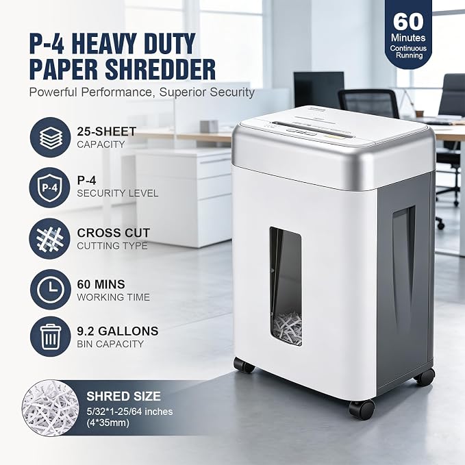 Wingwise 25 Sheets Paper Shredder Heavy Duty for Home Office | 60 Mins Runtime, P-4, 9.2 gal, Cross Cut, Shreds CDs & Credit Cards