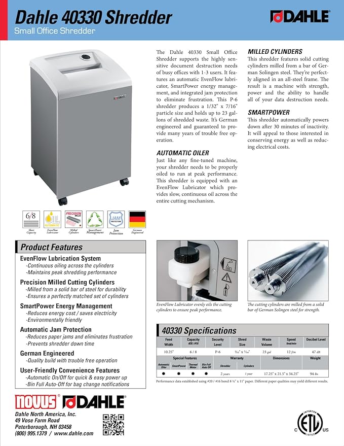 Dahle 40330 Paper Shredder, Micro Cut, P-6 Security, German Engineered, Jam Protection, Automatic Oiler, SmartPower, 6 Sheet Max, 23 Gal Bin